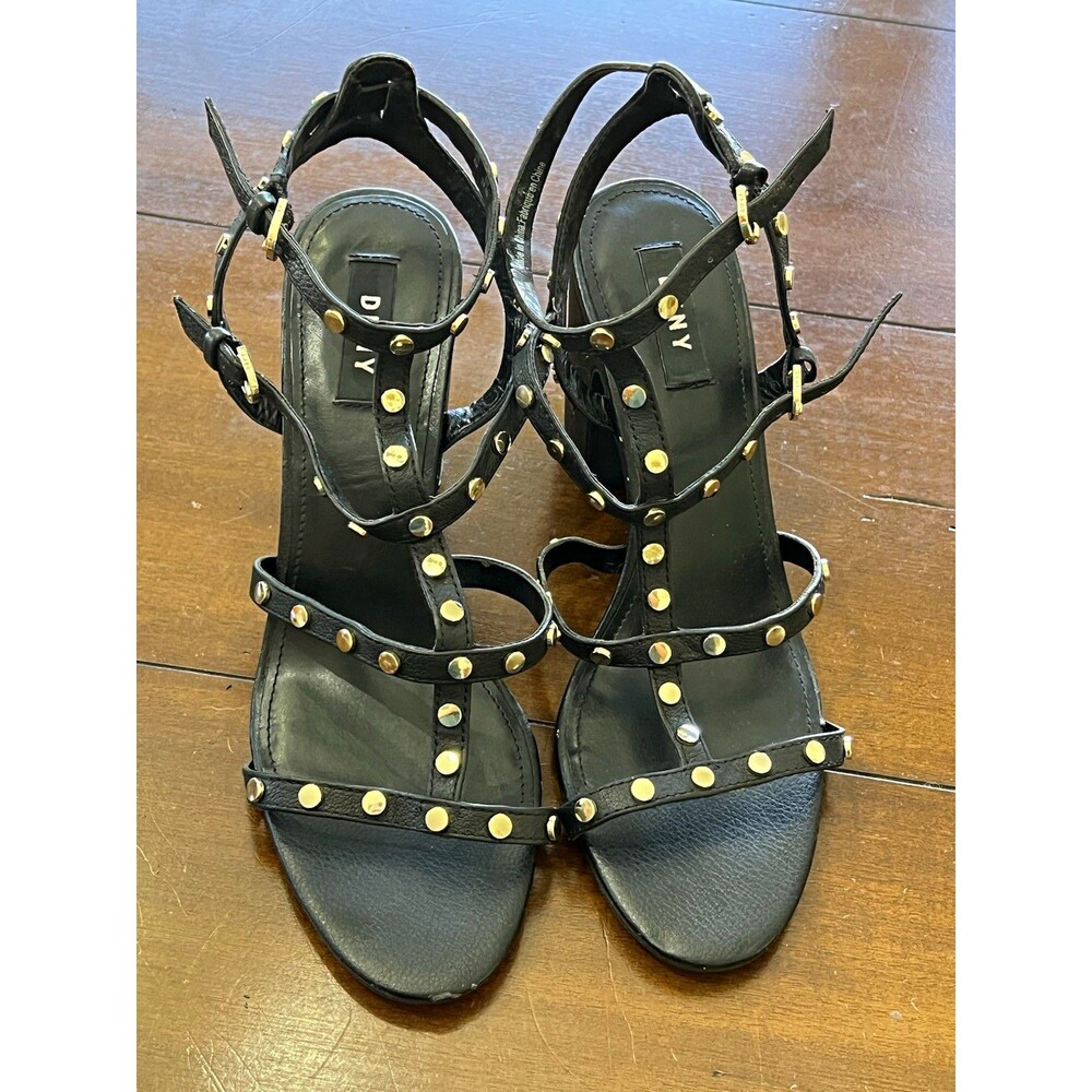 DKNY Black Studded Gladiator Heeled Sandals with Gold Hardware Size 8M / 38.5
